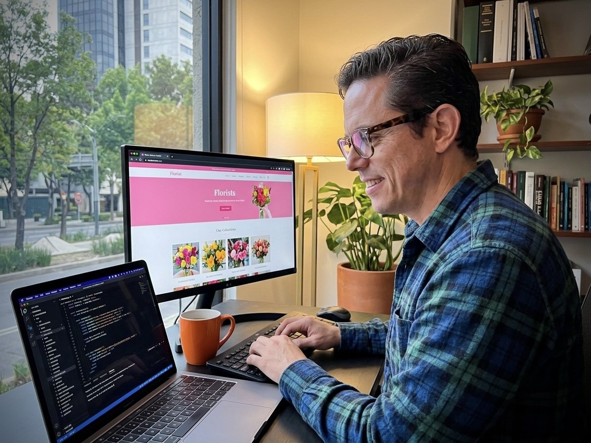 Desarrollador de Primer Click trabajando en un espacio de coworking, con la página de un cliente en su monitor