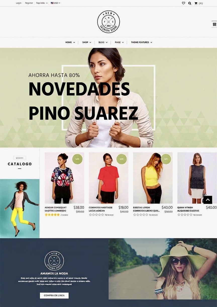 Página web demo para boutique de moda: portada 'Novedades Pino Suárez' con catálogo de ropa para dama