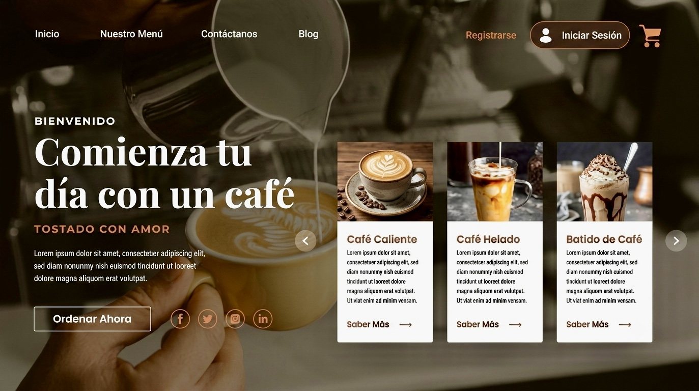 Página web demo para cafetería: portada 'Comienza tu día con un café' con tarjetas de bebidas sobre fotografía cálida de barista