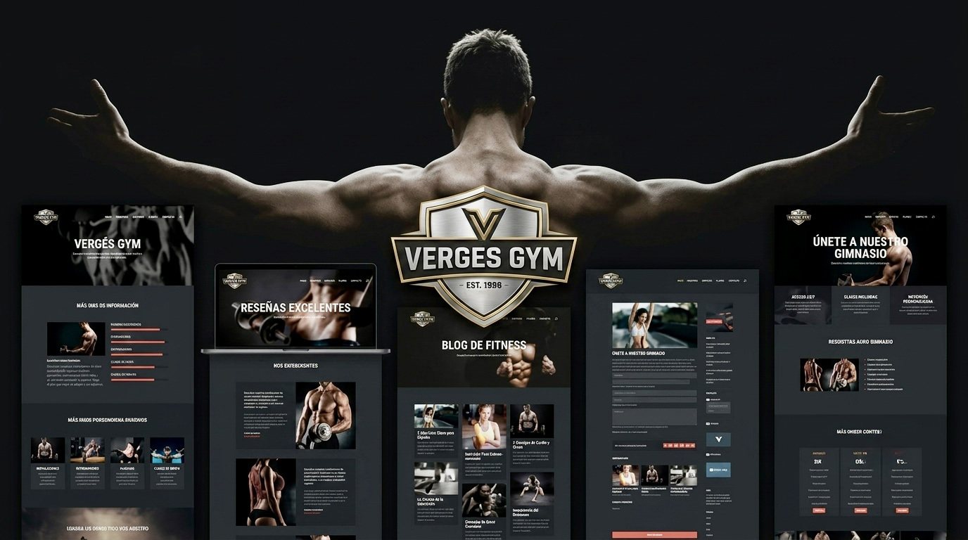Página web demo para 'Vergés Gym': escudo metálico, vistas del sitio en estilo oscuro con acentos dorados