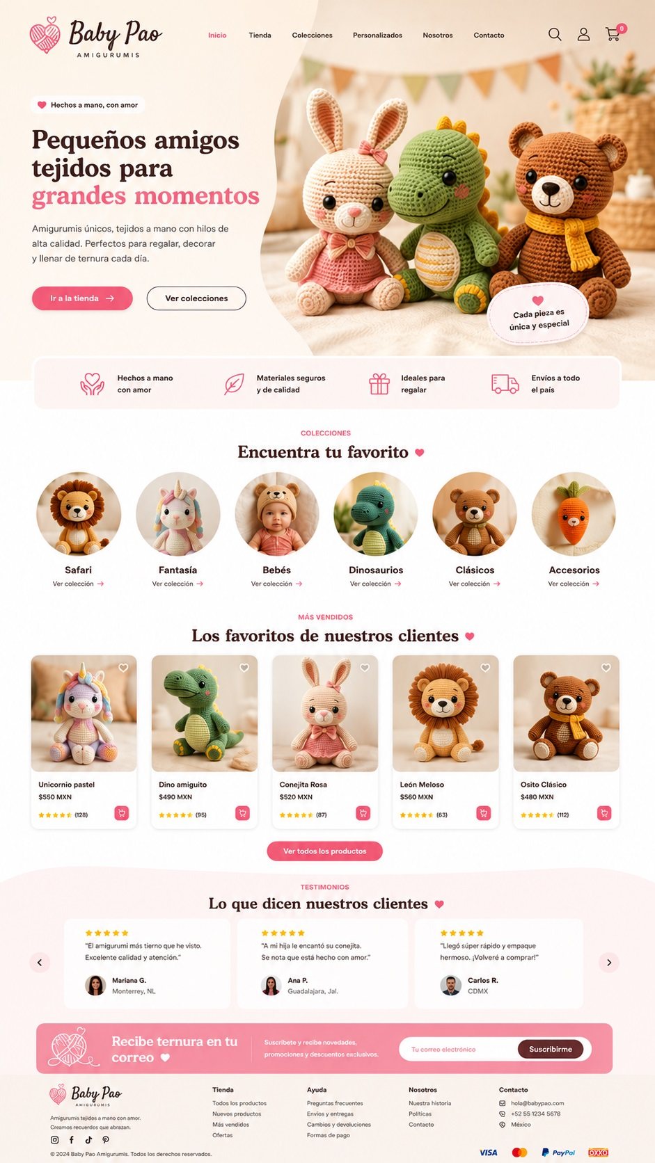Página web demo para tienda de amigurumis 'Baby Pao': catálogo de peluches tejidos, colecciones y testimonios en tonos rosas