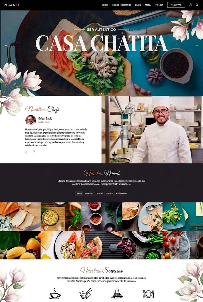 Página web demo para restaurante 'Casa Chatita': portada gastronómica, sección de chefs y galería de platillos