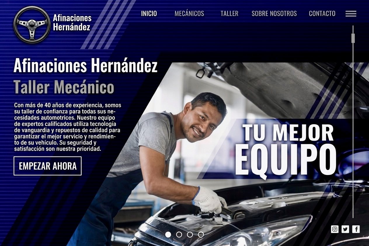 Página web demo para 'Afinaciones Hernández', taller mecánico: portada azul con mecánico trabajando y lema 'Tu mejor equipo'